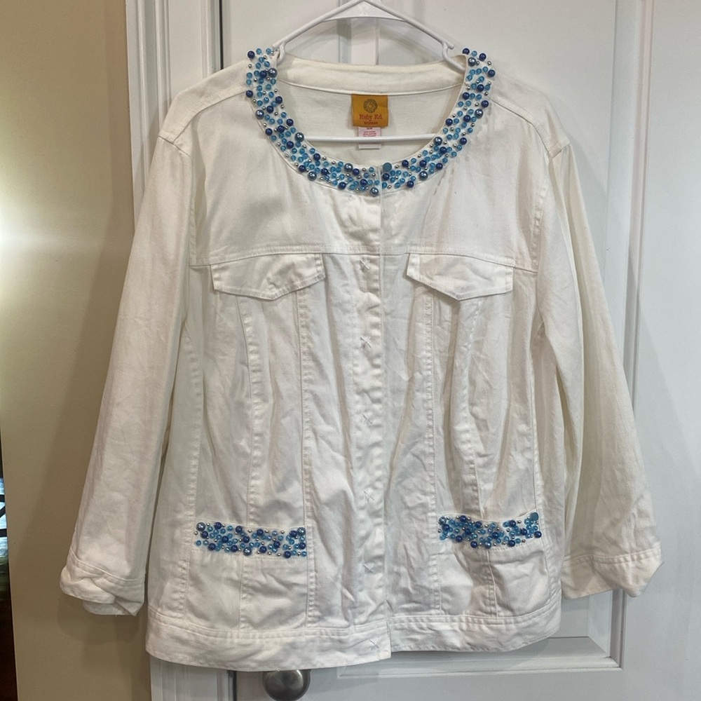 Ruby Rd Road White Denim Jacket with Blue Beaded Neckline & Pockets Size 16W